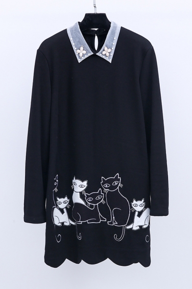 Fashion Cat Printed Beaded Lapel Scallop Hem Midi Shirt Dress for Winter