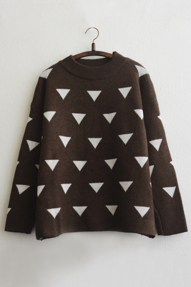 Fashion Contrast Triangle Pattern Long Sleeve Round Neck Pullover Sweater