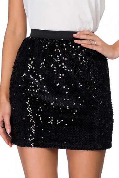 Full Allover Embellished Sequins Slim Mini Club Skirt Black