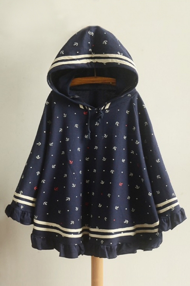 Lovely Boat Hook Printed Striped Ruffle Trim Drawstring Hooded Cape
