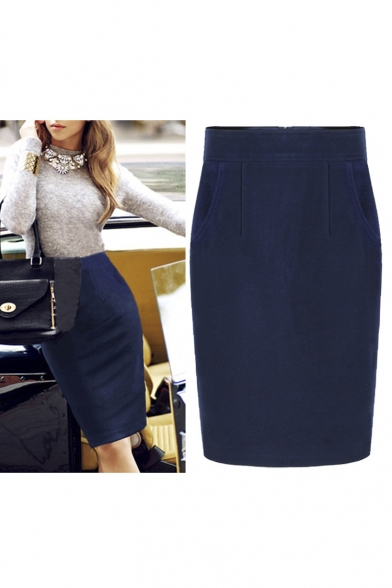 Office Lady Wool High Rise Pencil Plain Midi Skirt with Pockets