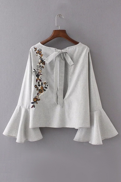 Women's Fashion Flare Sleeve Tie Back Floral Embroidery Casual Blouse