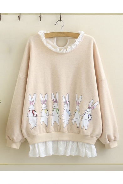 Women's Fashion Lace Patched Round Neck Long Sleeve Rabbit Print Sweatshirt