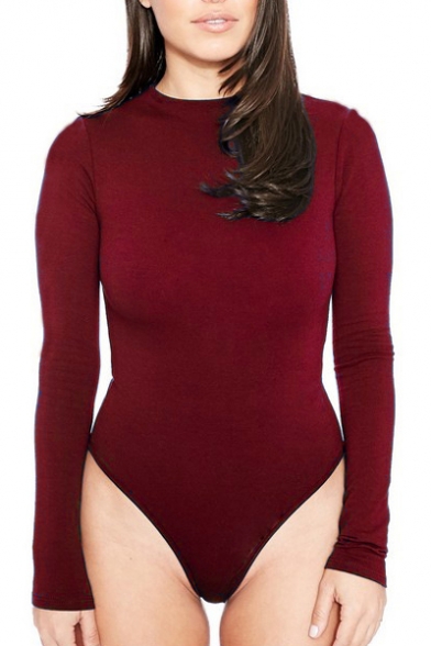Women's Long Sleeve Bodysuit Round Neck Stretchy Leotard Top