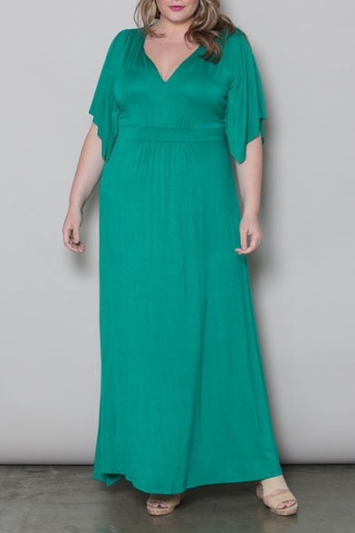 Women's Oversize V-Neck Short Sleeve Plain Casual Maxi Dress