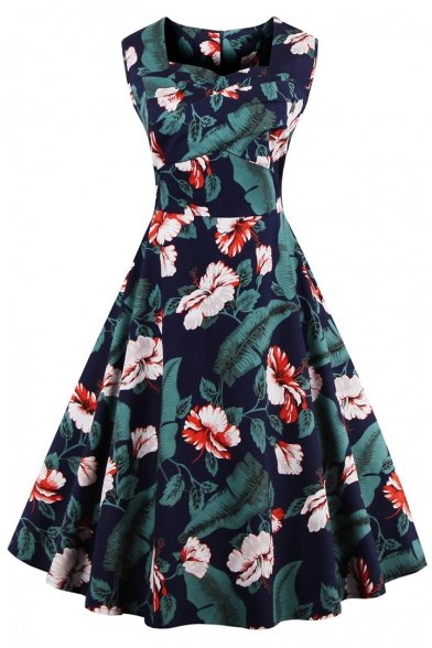 Chic Retro Style Floral Printed Sleeveless Color Block Midi A-Line Dress