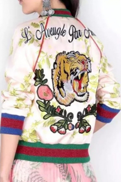 Contrast Stand-Up Collar Embroidery Floral Tiger Pattern Color Block Bomber Jacket