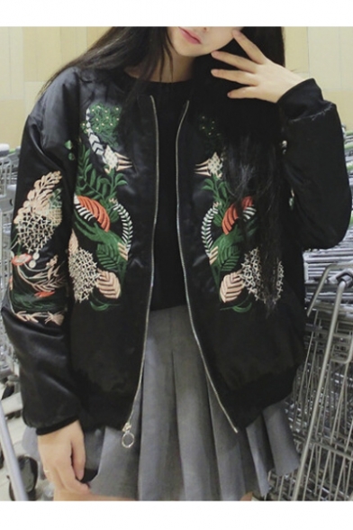 Fashion Embroidery Plant Pattern Zipper Placket Stand-Up Collar Bomber Jacket