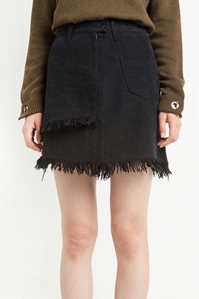 Fashion Rough Hem Plain Asymmetric Skirt with One Pocket