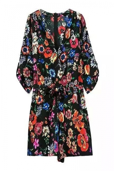 Fashion Sexy V-Neck Wrap Front Zip-Back Belt Waist Floral Printed Color Block Rompers