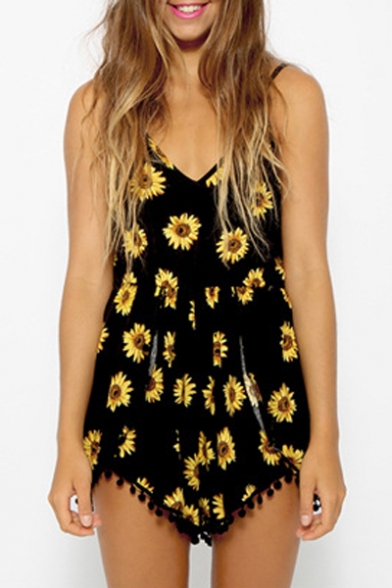 Fashion Sunflower Printed V-Neck Sleeveless Tassel Cami Rompers