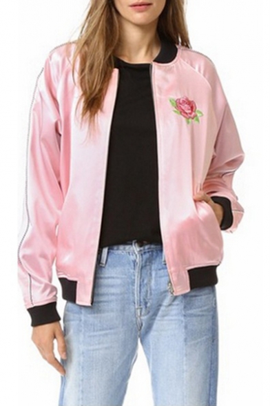 Reversible Contrast Stand-Up Collar Embroidery Floral Letter Pattern Zipper Placket Bomber Jacket Coat