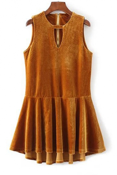 Trendy Plain Cutout V-Neck Sleeveless Zip Back Pleated Dress
