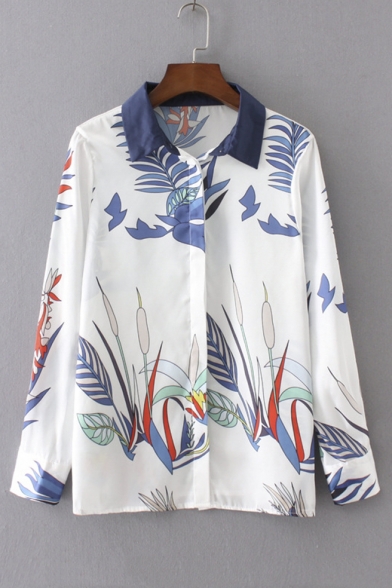 Women's Contrast Lapel Collar Floral Print Long Sleeve Casual Shirt