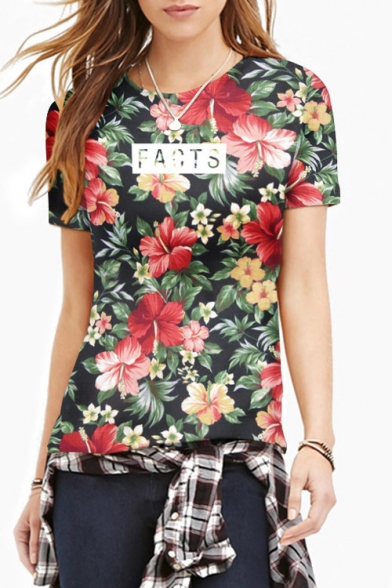 Women's Fashion Floral Print Round Neck Short Sleeve Basic T-Shirt
