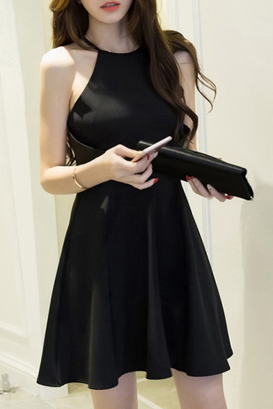 Women's Halter Collar Sleeveless Elegant A-Line Midi Dress