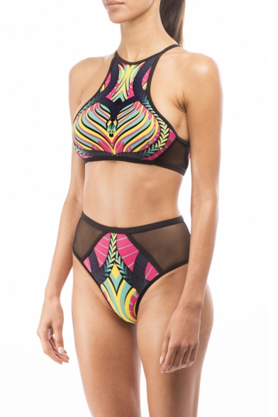 Women's Sexy Open Back Round Neck Gauze Geometric Print Bikini Set