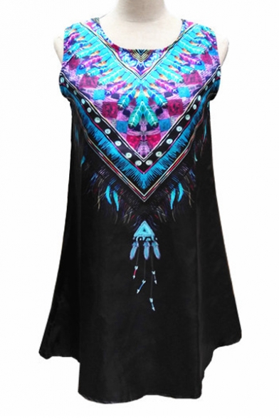 Women's Tribal Printed Sleeveless Color Block Mini Swing Dress
