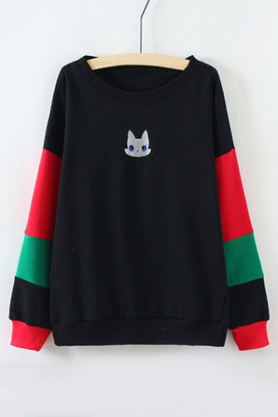 Color Block Striped Long Sleeve Embroidery Cat Face Pattern Pullover Sweatshirt