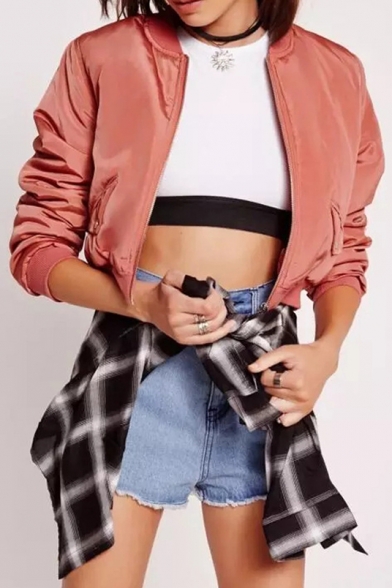 Fashion Women's Stand-Up Collar Zipper Placket Long Sleeve Plain Bomber Jacket