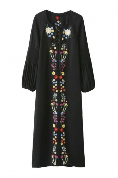 New Embroidery Floral Pattern Tied Neck Lantern Elastic Sleeve Maxi Dress