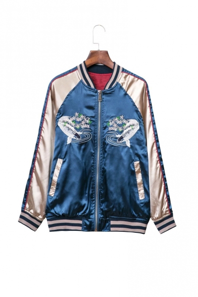 Striped Stand-Up Collar Raglan Contrast Long Sleeve Embroidery Fish Floral Pattern Zipper Placket Bomber Jacket