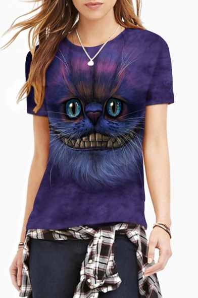 Women's Fashion Cat Digital Print Round Neck Short Sleeve Basic T-Shirt