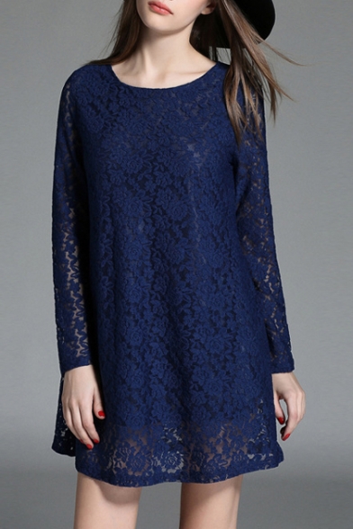 Women's Fashion Round Neck Long Sleeve Lace Hollow Out Swing Mini Dress