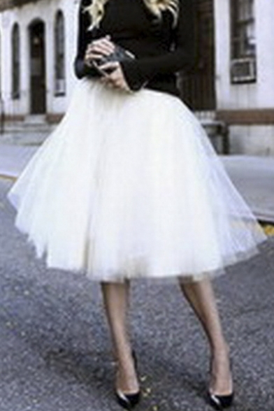 Women's High Waist Plain Gauze Pleated A-Line Flare Midi Skirt