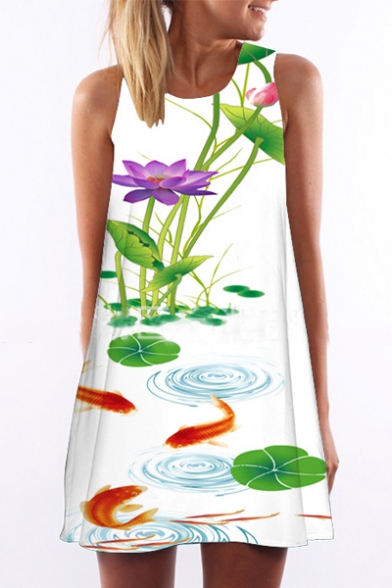Women's Lotus Print Sleeveless Round Neck Mini Swing Dress