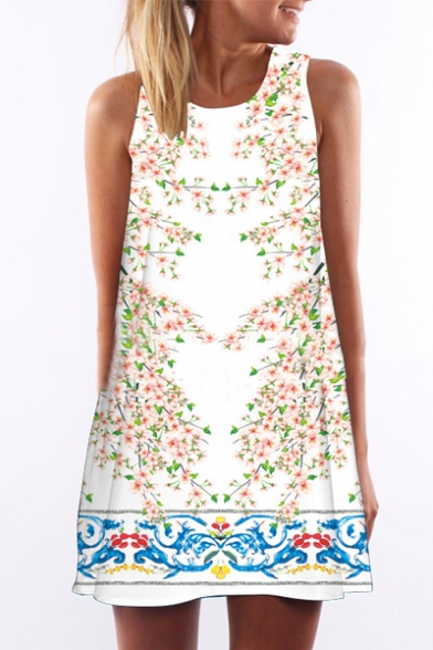 Women's Round Neck Sleeveless Digital Print Tank Top Mini Dress