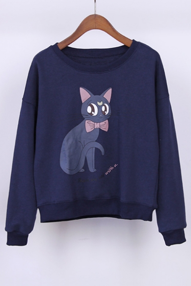 Lovely Cartoon Cat Printed Round Neck Pullover Sweatshirt