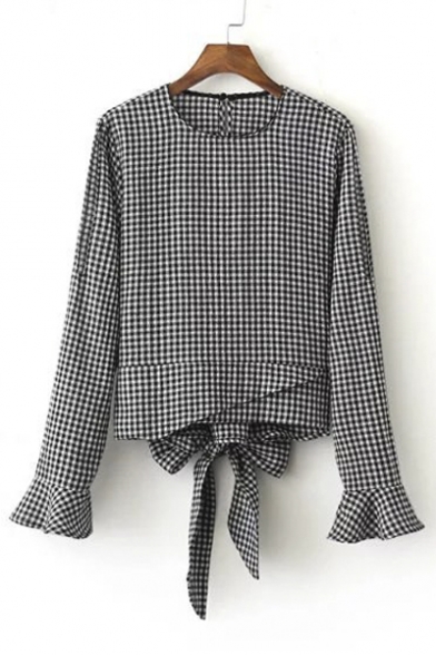 New Plaid Bow Back Ruffle Cuffs Round Neck Long Sleeve Blouse Top
