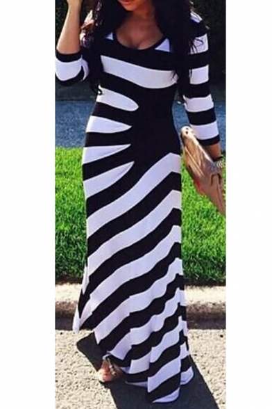 New Stylish Black and White Striped Long Sleeve Maxi Dress ...