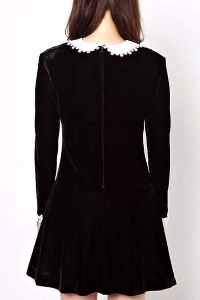 New Stylish Contrast Lapel Long Sleeve Plain A-Line Mini Dress with ...