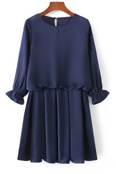 Plain Ruffle Elastic 3/4 Length Sleeve Mini Pleated Dress