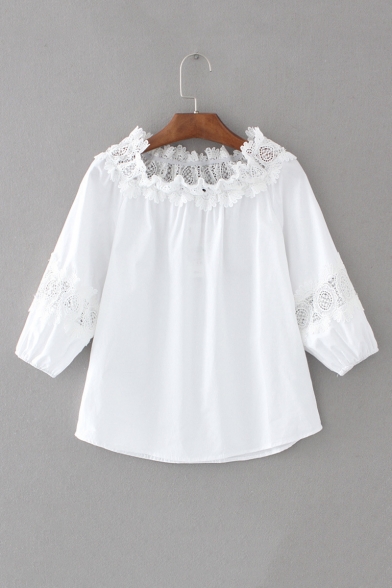 Sexy Off the Shoulder Lace Patchwork Long Sleeve Plain Blouse Top