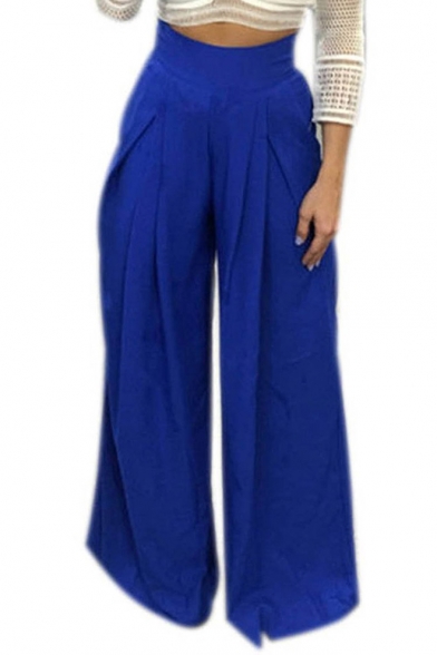 Womens Color Block High Waisted Wide Leg Trousers Loose Casual Bottoms Pants