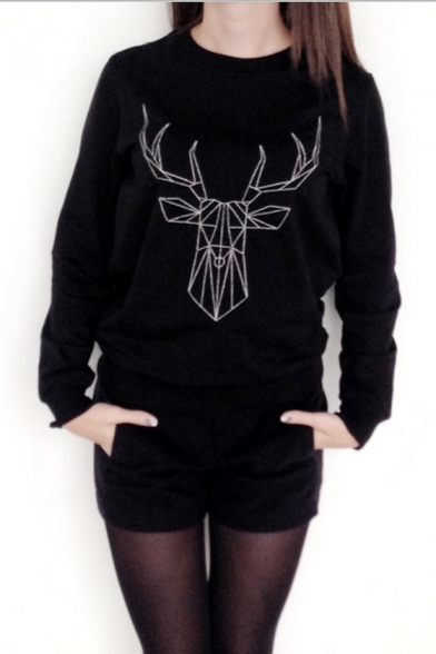 Women's Fashion Geometric Deer Print Round Neck Long Sleeve Basic Sweatshirt