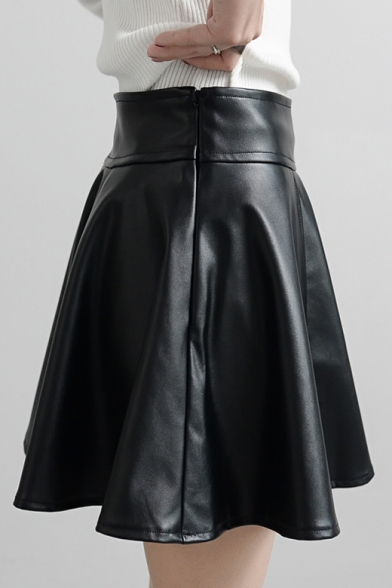 Women's Fashion Plain Leather PU A-Line Skirt - Beautifulhalo.com