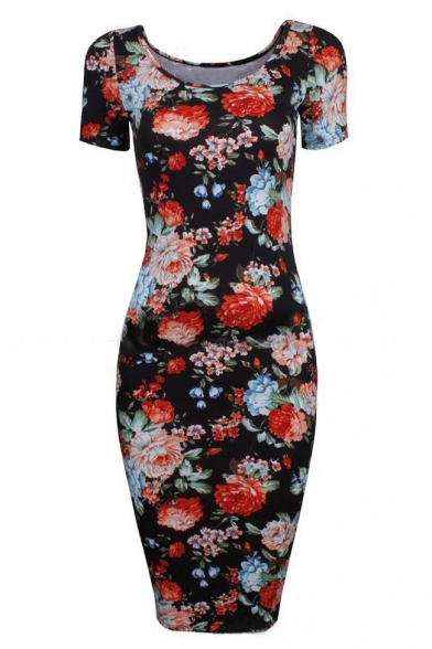 Women's Floral Short Sleeve Midi Dress