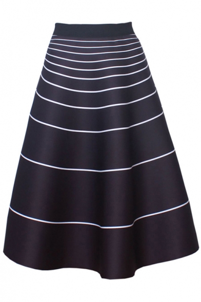 Women's High Rise Striped Print Color Block A-Line Flare Midi Skirt