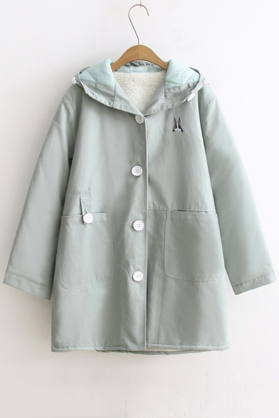 Women's Hooded Long Sleeve Rabbit Embroidery Casual Cotton Coat