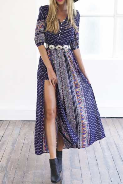Women's Summer Casual Half Sleeve Vintage Print Split Maxi Dress