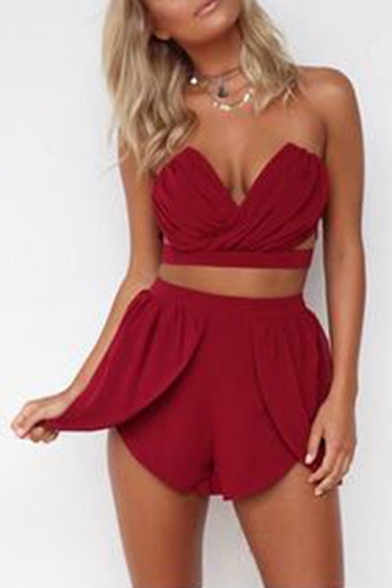 Sexy Wrap Strapless V-Neck Zip Back Cropped Top with Asymmetric Hem Shorts