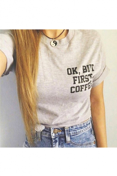 Women's Casual OK,BUT FIRST COFFEE Letter Printed Short Sleeve Tee Top