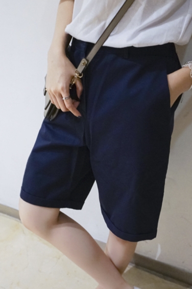 Women's Casual Plain Zip Fly Shorts with Slant Pockets