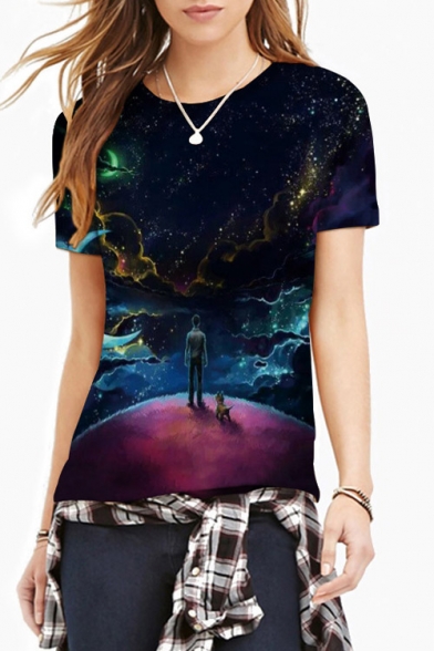 Women's Fashion Digital Galaxy Print Round Neck Short Sleeve Basic T-Shirt