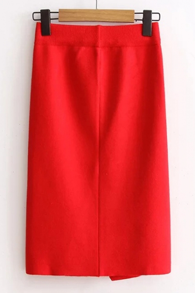 Women's Knit Plain Skirt Slit Back Midi Pencil Skirt