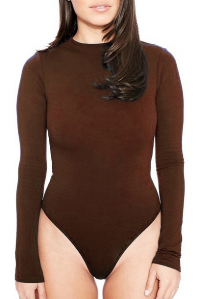 Women's Long Sleeve Bodysuit Round Neck Stretchy Leotard Top